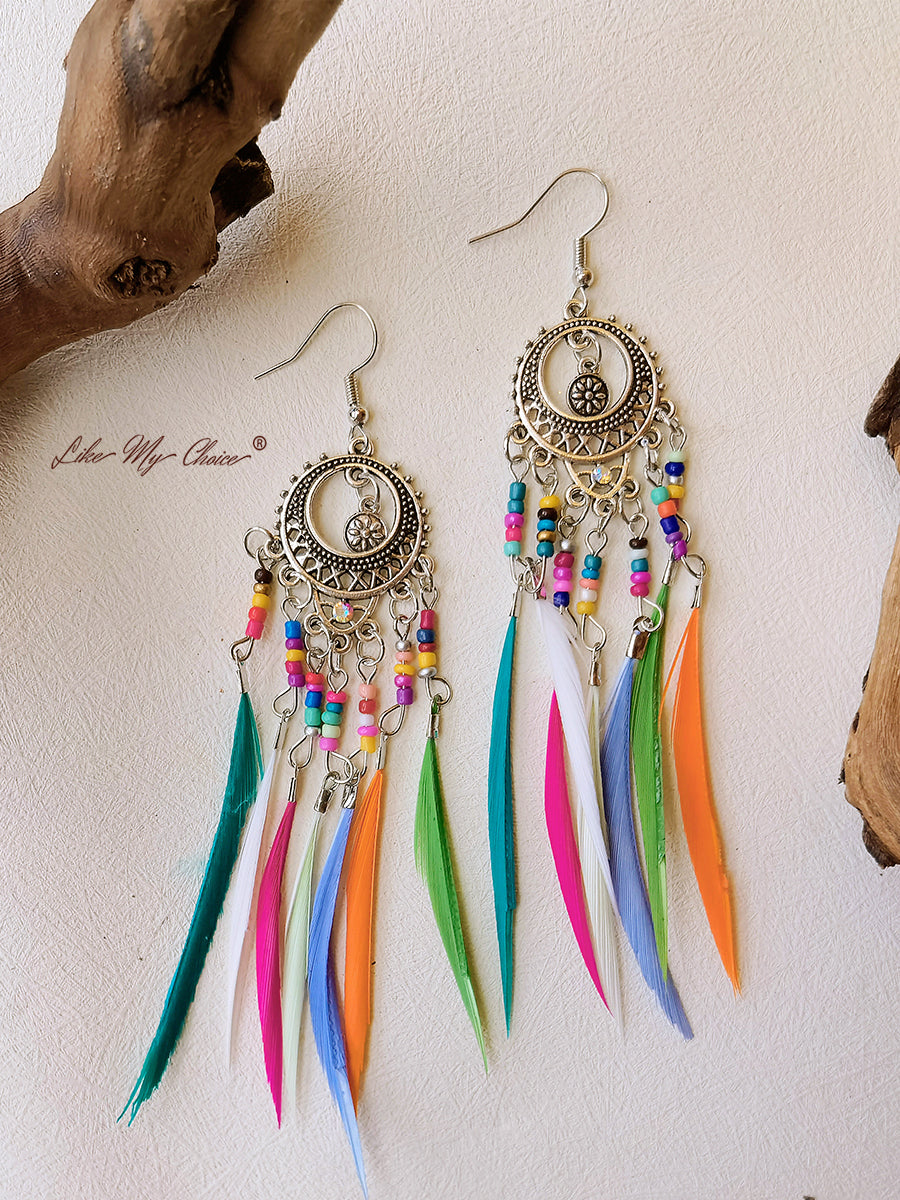 Vintage Ethnic Long Feather Dangle Boho Earrings