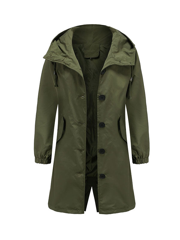 Long Sleeves Loose Buttoned Drawstring Elasticity Hooded Pockets Split-Back Waterproof High-Neck Trench Coats