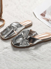 Hollow Pleated Shiny Split-Joint Square-Toe Slippers&Mules