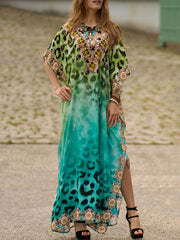 Batwing Sleeves Loose Leopard Printed Split-Side V-Neck Beach Cover-Up Maxi Dresses