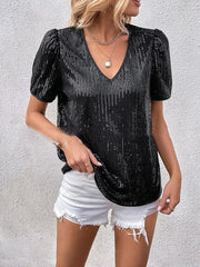 Loose Short Sleeves Sequined Shiny Split-Joint V-Neck T-Shirts