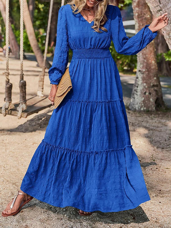 A-Line Long Sleeves Elasticity Solid Color Split-Joint V-Neck Maxi Dresses