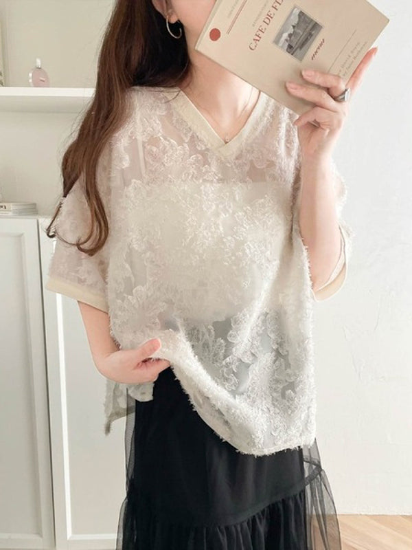 Half Sleeves Loose Mesh Solid Color Split-Side V-Neck Blouses&Shirts Tops