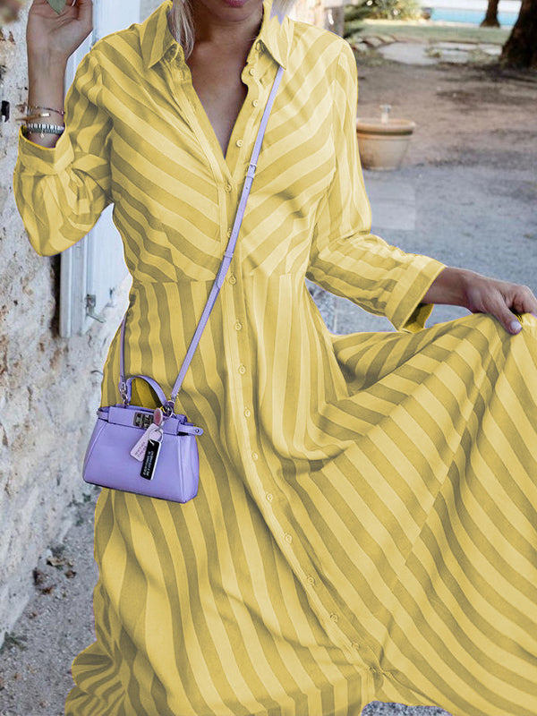 Stylish Long Sleeves Striped Lapel Collar Maxi Dresses