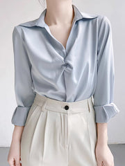 Long Sleeves Loose Knot Solid Color Lapel Blouses&Shirts Tops