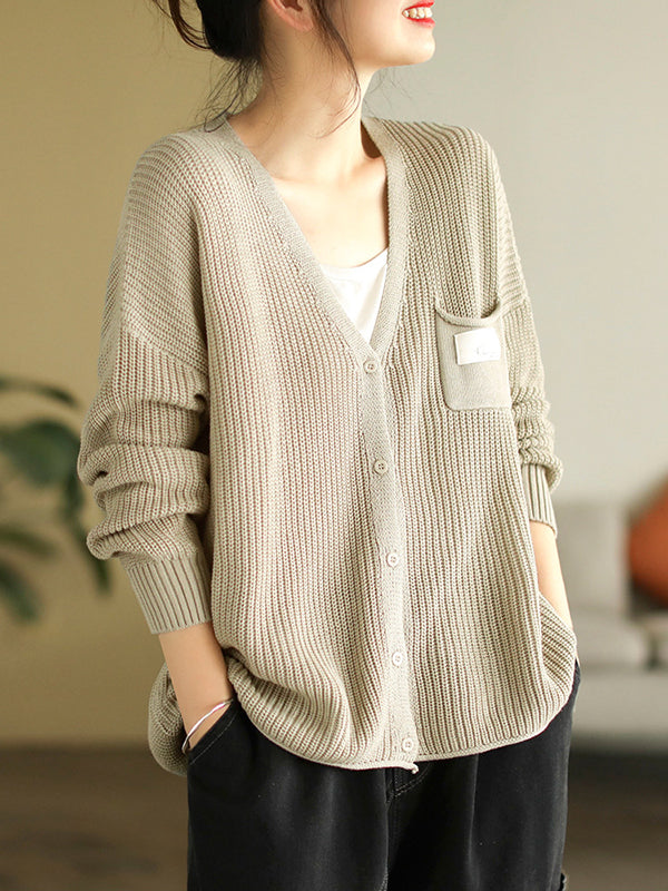 6 Colors Urban Split-Joint Solid Color V-Neck Cardigan Top