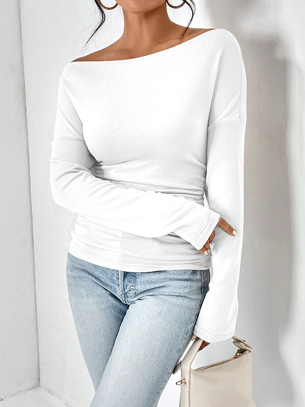 Long Sleeves Skinny Solid Color One-Shoulder T-Shirts Tops