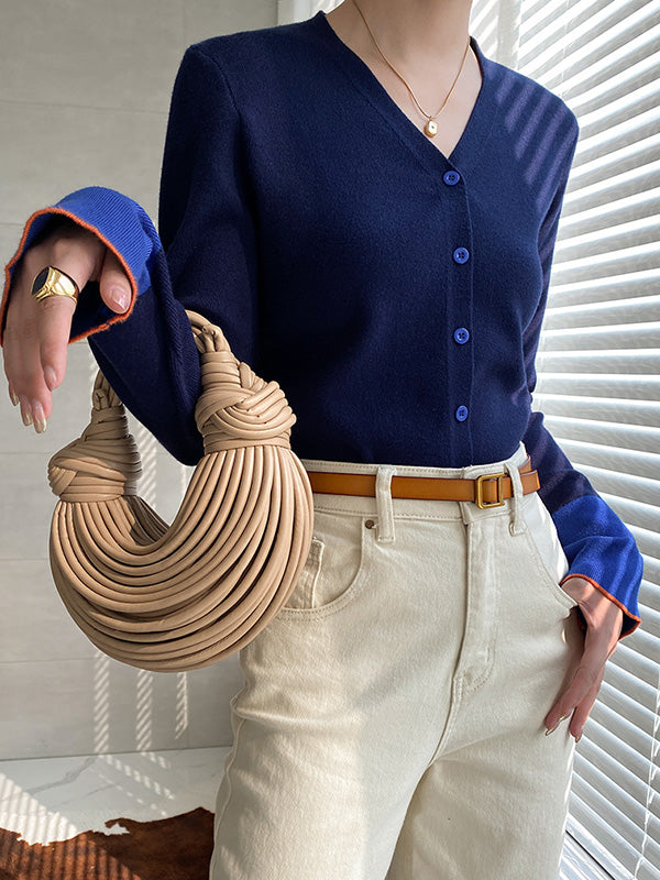 Flared Sleeves Long Sleeves Buttoned Contrast Color Split-Joint V-Neck Cardigan Tops