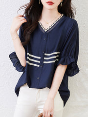 Flared Sleeves Half Sleeves Asymmetric Buttoned Pleated Ruffled Striped V-Neck Blouses&Shirts Tops