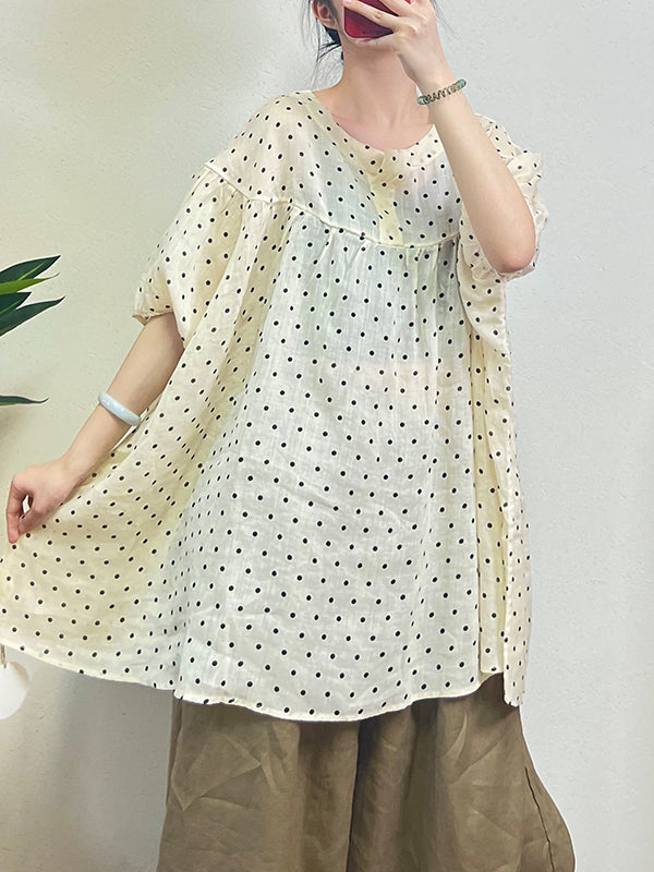 Loose Half Sleeves Polka-Dot Split-Joint Round-Neck Blouses&Shirts Tops