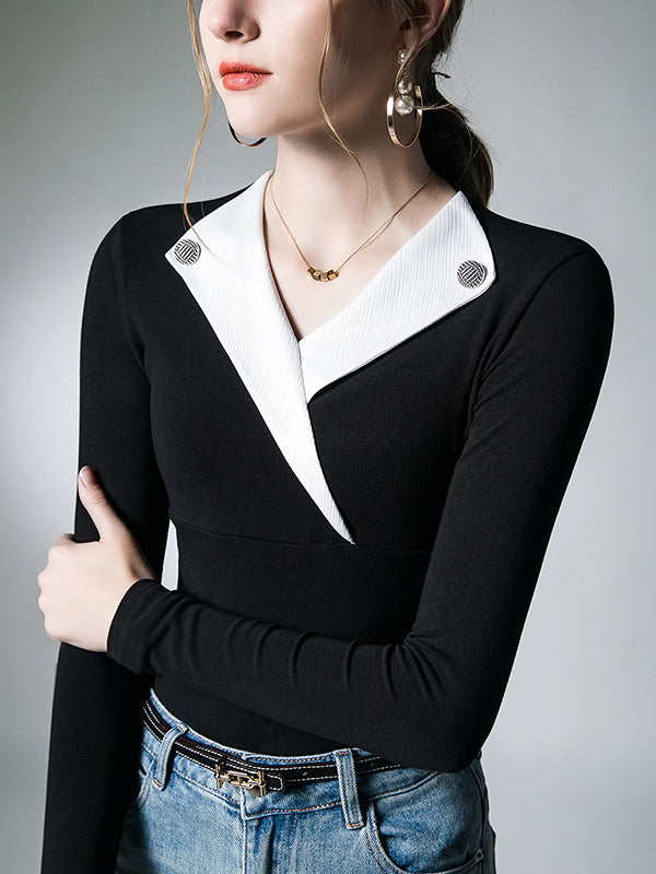 Long Sleeves Skinny Asymmetric Buttoned V-Neck T-Shirts Tops