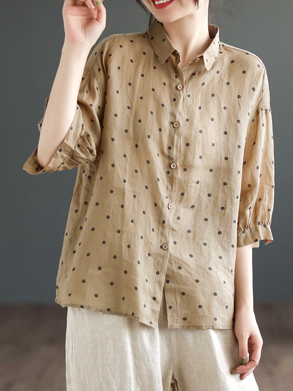 Half Sleeves Loose Polka-Dot Lapel Blouses&Shirts Tops