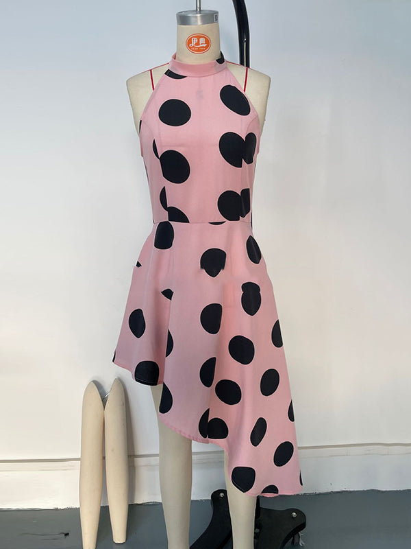 Loose Sleeveless Asymmetric Polka-Dot Halter-Neck Midi Dresses