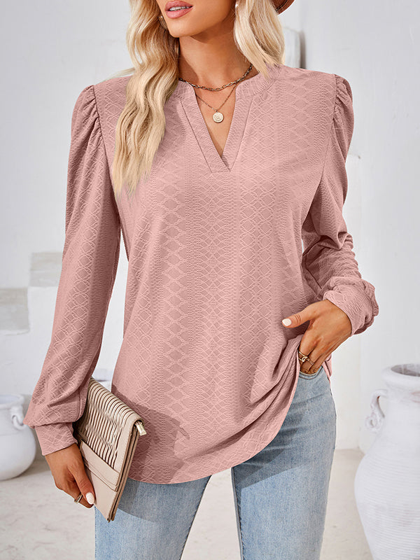 Long Sleeves Loose Jacquard Solid Color V-neck T-Shirts Tops