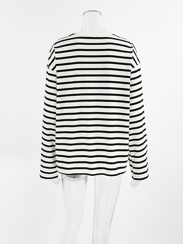 Long Sleeves Loose Contrast Color Striped Round-Neck T-Shirts Tops