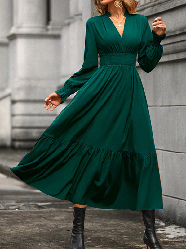 A-Line Flared Sleeves Elasticity Pleated Solid Color V-Neck Midi Dresses