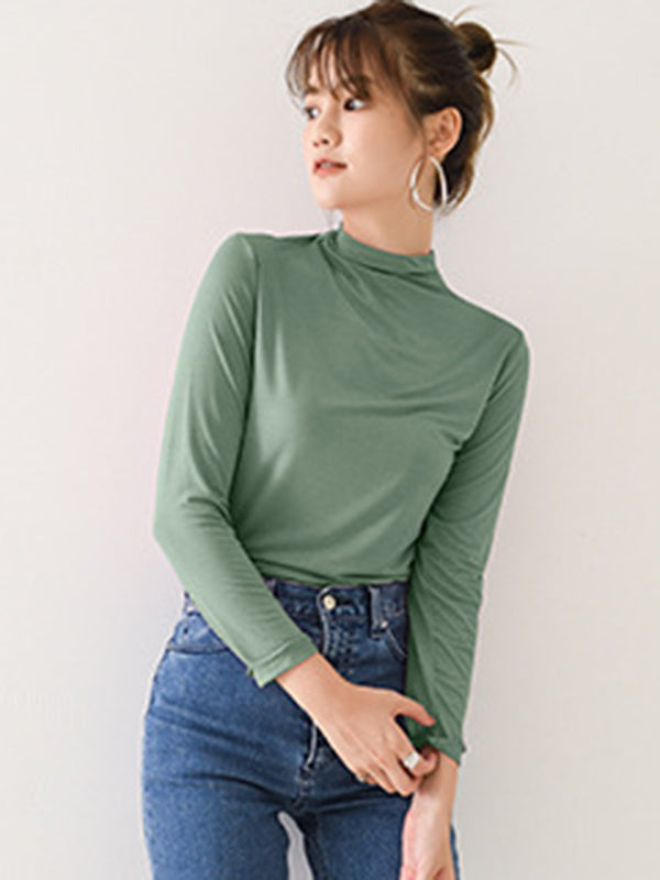 10 Colors Simple Solid Color Long Sleeves High-Neck T-Shirt Top