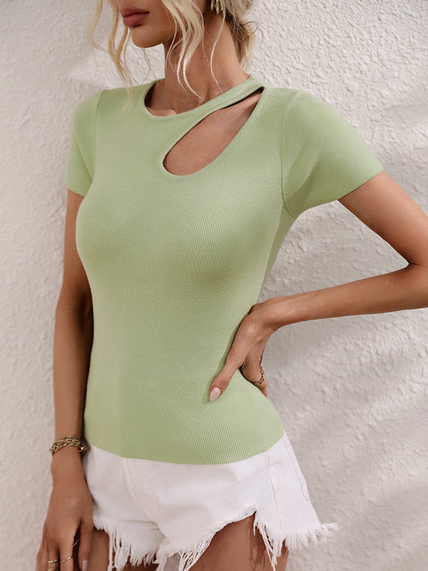 Short Sleeves Skinny Asymmetric Hollow Solid Color Round-neck T-Shirts Tops