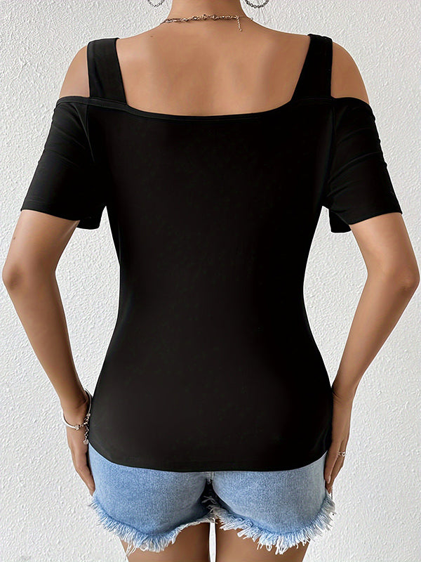 Short Sleeves Hollow Rhine Stones Split-Joint Cold Shoulder T-Shirts Tops