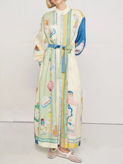 Unique Painting Print Lantern Sleeve Tie Midi Dress