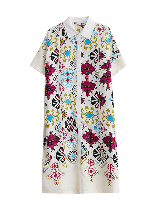 Loose Short Sleeves Ethnic Printed Lapel Midi Dresses