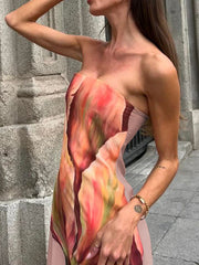 Bodycon Sleeveless Flower Print Split-Back Tube Maxi Dresses