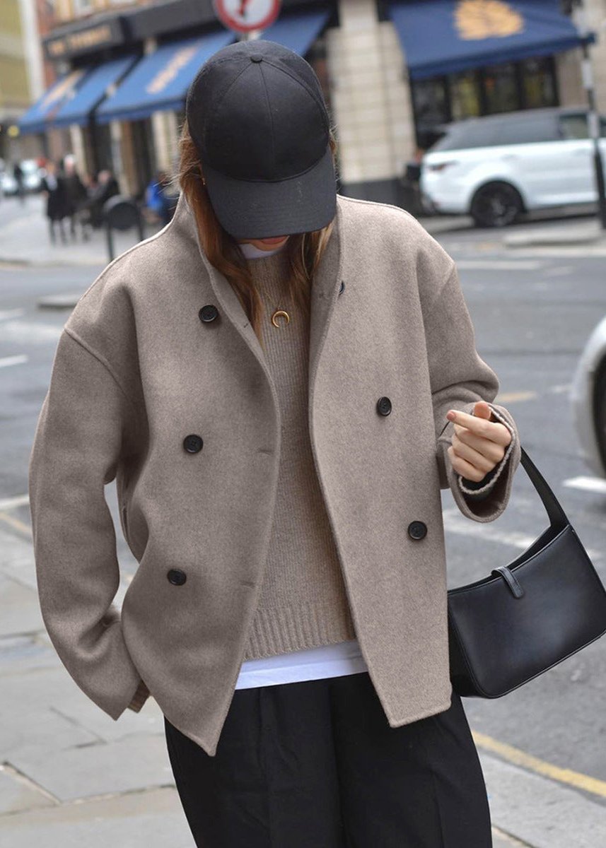 Luxe Double-Breasted Woolen Coat in Taupe