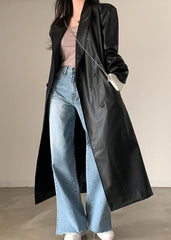 Retro Black PU Leather Trench Coat - Double-Breasted Chic