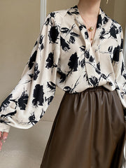 Casual Loose Puff Sleeves Printed V-Neck Blouses&Shirts Tops