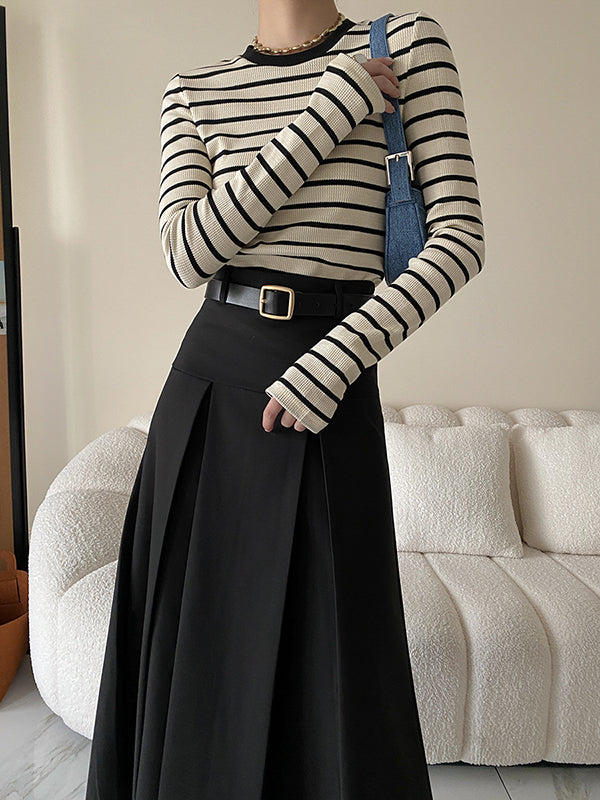 Long Sleeves Skinny Contrast Color Striped Round-Neck T-Shirts Tops