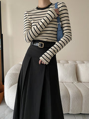 Long Sleeves Skinny Contrast Color Striped Round-Neck T-Shirts Tops