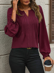 Long Sleeves Loose Pleated Solid Color Split-Joint Round-Neck Blouses&Shirts Tops