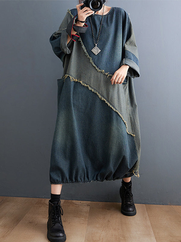 Original Loose Denim Contrast Color Round-Neck Long Sleeves Midi Dress