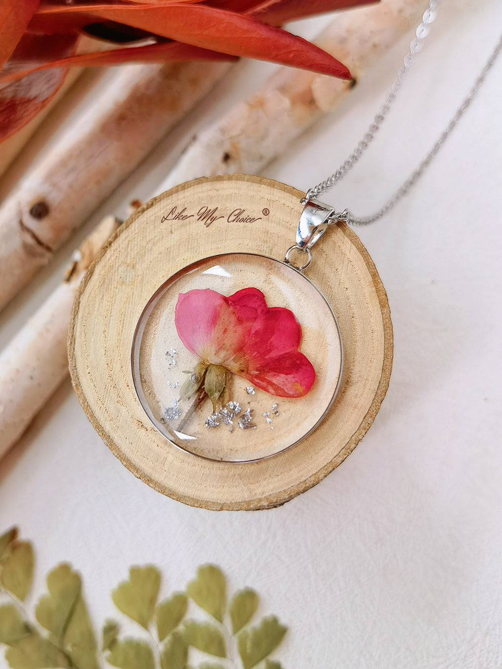 Eternal Bloom Round Necklace - Red Flower in Resin