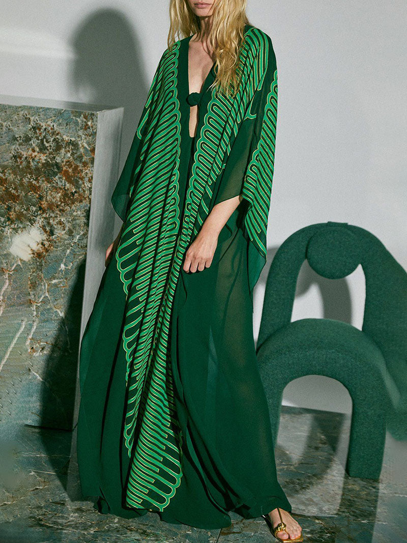 Batwing Sleeves H-Line Pleated Solid Color V-Neck Robes Maxi Dresses