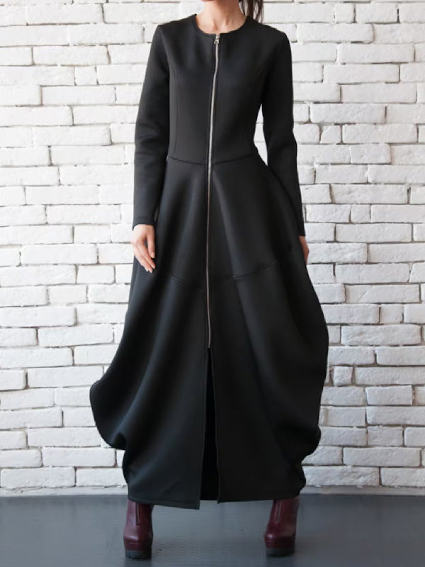 Split-Joint Zipper Round-Neck Maxi Dress Coat Bubble Dress