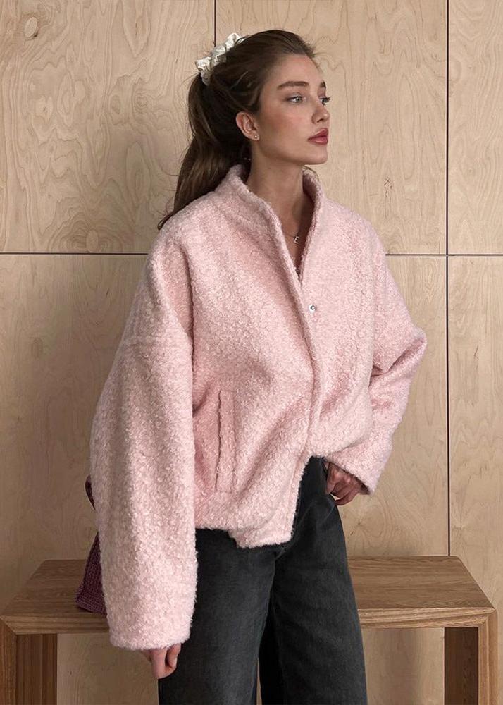 Cozy Pink Drop Shoulder Stand Collar Jacket