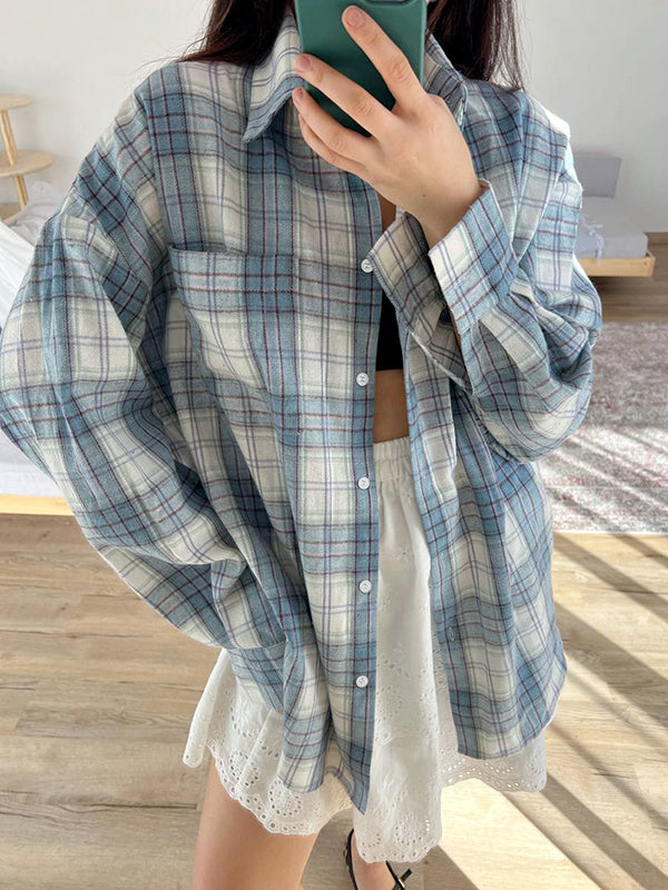 Long Sleeves Loose Buttoned Plaid Pockets Lapel Blouses&Shirts Tops Outerwear