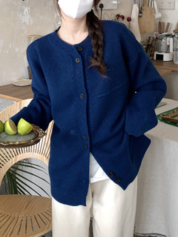 Long Sleeves Loose Buttoned Round-Neck Cardigan Tops