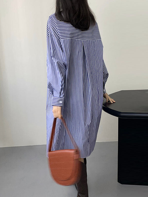 Long Sleeves Loose Striped Round-Neck Midi Dresses Shirt Dress