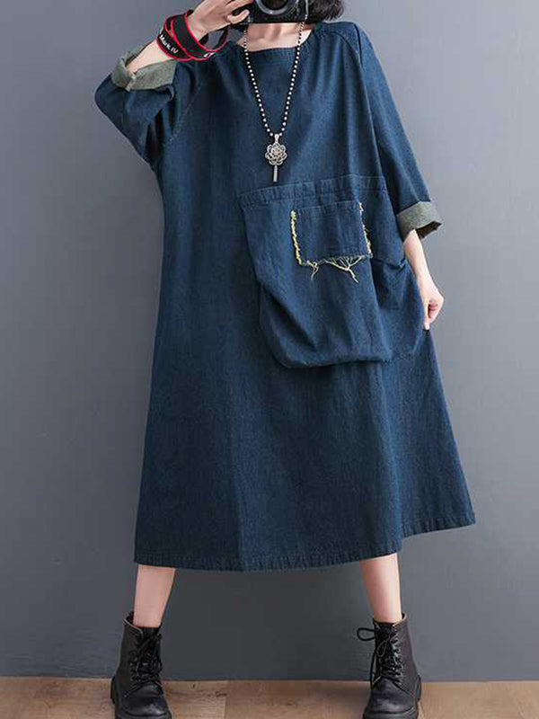 A-Line Long Sleeves Fringed Pockets Split-Joint Round-Neck Midi Dresses