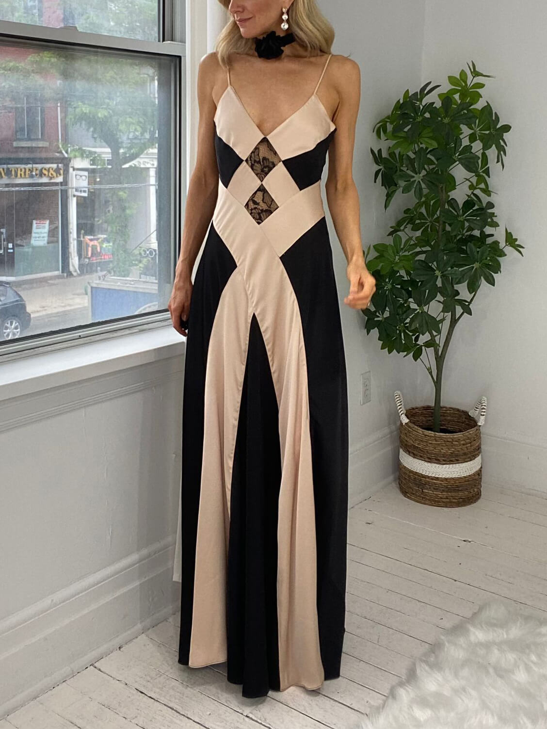 Satin Contrast Black Champagne Maxi Dress