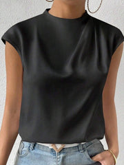 Loose Sleeveless Hollow Pleated Solid Color Mock Neck T-Shirts Tops