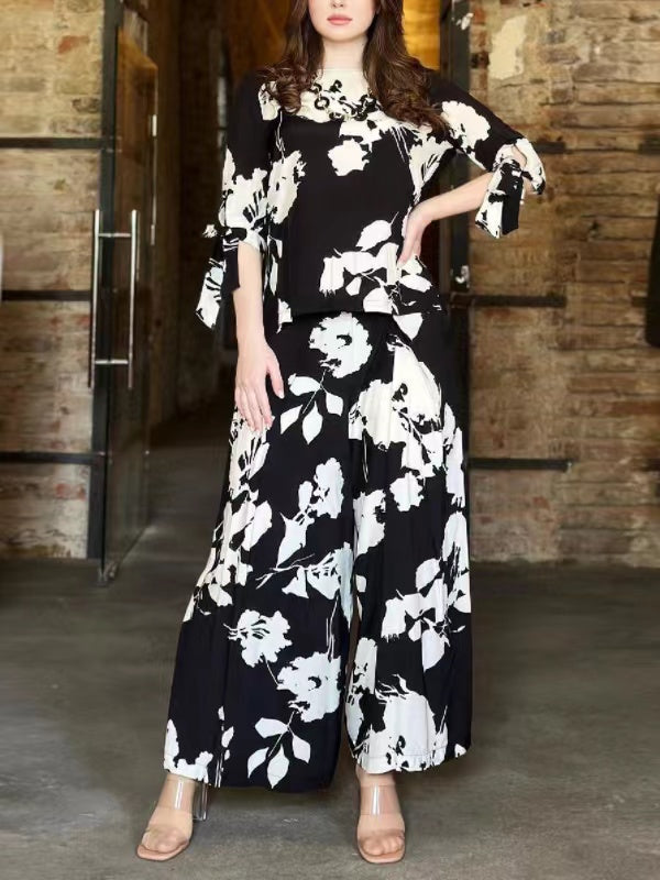 Flower Print Round-Neck Tied T-Shirt&Wide Leg Pants Two Pieces Set