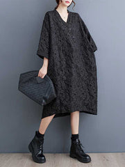 A-Line Half Sleeves Asymmetric Buttoned Jacquard V-Neck Midi Dresses