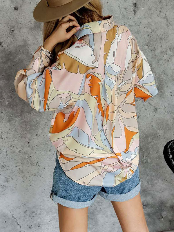 Long Sleeves Loose Contrast Color Printed Lapel Blouses