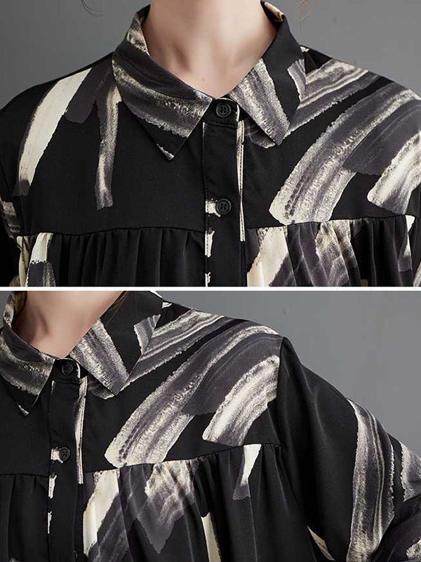 Long Sleeves Loose Pleated Printed Split-Joint Lapel Blouses