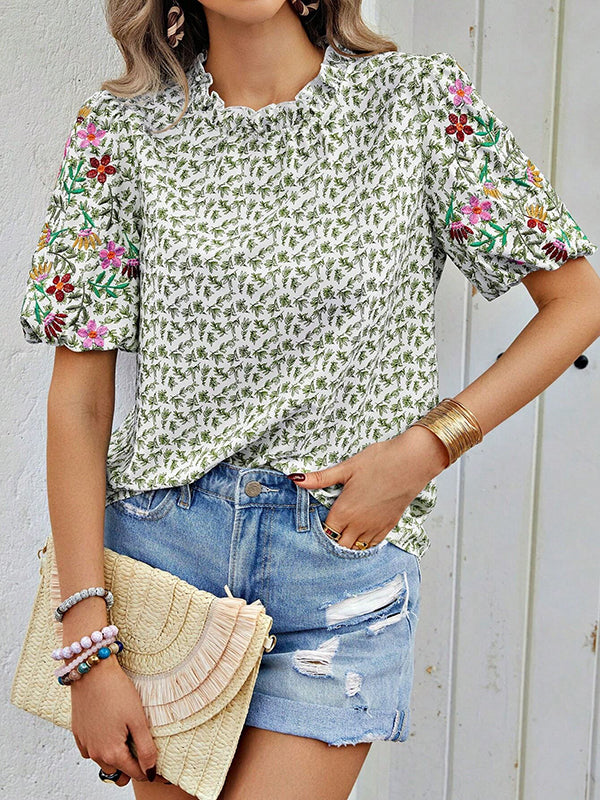 Loose Short Sleeves Elasticity Embroidered Flower Print Pleated Split-Joint Mock Neck T-Shirts Tops