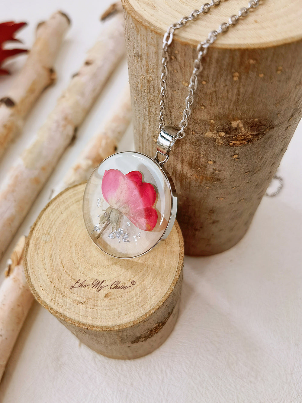 Eternal Bloom Round Necklace - Red Flower in Resin