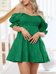 Loose Puff Sleeves Elasticity Pleated Solid Color Split-Joint Tiered Off-the-shoulder Mini Dresses